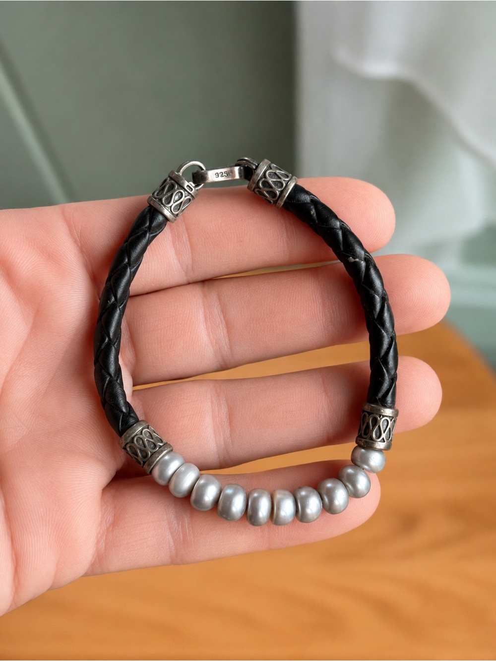 Vintage 925 Sterling Silver & Black Braided Leather Freshwater Pearl Bracelet 7”